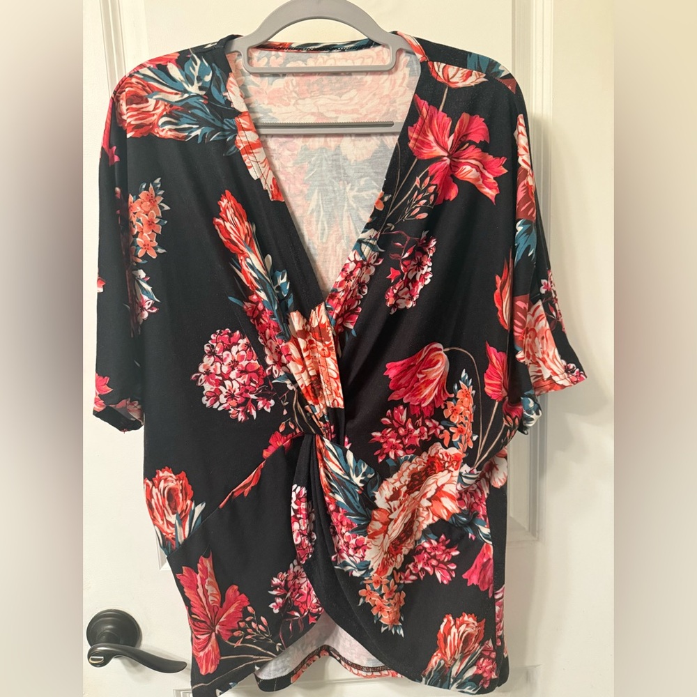 Floral Wrap Top - Black and Red